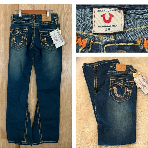 NWT True Religion Flare Indigo Jeans with Bold Orange Embroidered Stitching - Picture 1 of 7